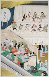 Szene des japanischen Volkstheaters während der Genroku-Periode (1688-1704), Illustration aus dem Magazin 